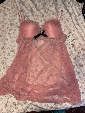 Soft Pink Sheer Babydoll Chemise with Polka-Heart Mesh